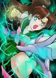 Rule 34 | 1girl, angry, bishoujo senshi sailor moon, blurry, blurry foreground, bow, bowtie, brown hair, choker, clenched hand, clenched hands, collarbone, dj jdite, dress, electricity, gloves, green dress, green eyes, green sailor collar, green skirt, high ponytail, highres, incoming attack, kino makoto, lightning, long hair, looking at viewer, magical girl, open mouth, pink bow, pink bowtie, ponytail, reaching, reaching towards viewer, sailor, sailor collar, sailor jupiter, sailor senshi, sailor senshi uniform, signature, skirt, solo, star (symbol), star choker, tiara, twitter username, white gloves
