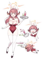 Rule 34 | 1girl, absurdres, alternate costume, aru (blue archive), bare shoulders, blue archive, blunt bangs, bow, breasts, chibi, chibi inset, cleavage, collarbone, commentary request, cup, demon girl, demon horns, detached collar, drink, drinking glass, falling, full body, halo, high heels, highres, horns, large breasts, leotard, long hair, looking at viewer, playboy bunny, red hair, red leotard, sidelocks, simple background, sleeveless, solo, standing, standing on one leg, strapless, strapless leotard, surprised, sweatdrop, thighhighs, tray, tripping, white background, white thighhighs, wine glass, yellow eyes, yukki bunny