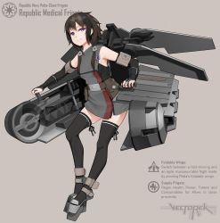 Rule 34 | 1girl, absurdres, bare shoulders, black eyes, black hair, black thighhighs, bridal gauntlets, commentary, english commentary, galactic republic, highres, looking at viewer, mecha musume, personification, rudder footwear, short hair, simple background, smile, solo, star wars, thighhighs, uniform, vectorek, zettai ryouiki