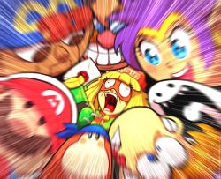 Rule 34 | 2boys, 2girls, 4others, arms (game), bandana waddle dee, beanie, blonde hair, blue eyes, blunt bangs, brown hair, crazy eyes, crossover, dr. eggman, facial hair, genie, geno (mario), glasses, grin, hat, kirby (series), mario, mario (series), mask, min min (arms), multiple boys, multiple girls, multiple others, mustache, nintendo, open mouth, paper mario, puppet, purple hair, rayman, rayman (character), shantae, shantae (series), smile, sonic (series), super mario rpg, super smash bros., surprised, tiara, trait connection, waddle dee