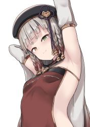 Rule 34 | 1girl, armpits, arms behind head, arms up, bare shoulders, beret, black hat, braid, breasts, detached sleeves, dress, erune, eyeliner, granblue fantasy, green eyes, grey hair, hat, heterochromia, highres, long hair, looking at viewer, makeup, multiple braids, nosuku, pholia, quad braids, red dress, short eyebrows, side braids, sideless outfit, small breasts, smile, solo, very long hair, wide sleeves, yellow eyes