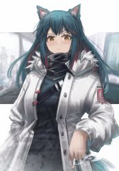Rule 34 | 1girl, absurdres, animal ears, arknights, black hair, black shirt, blush, buttons, cigarette, coat, colored inner hair, franlol, fur-trimmed hood, fur trim, highres, holding, holding cigarette, hood, hood down, hooded coat, long hair, long sleeves, looking at viewer, multicolored hair, official alternate costume, open clothes, open coat, red hair, shirt, solo, streaked hair, texas (arknights), texas (winter messenger) (arknights), upper body, white background, white coat, winter clothes, winter coat, wolf ears, yellow eyes