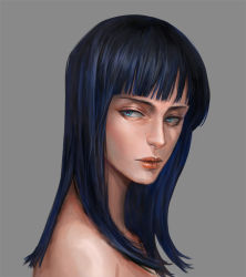 Rule 34 | 1girl, blue eyes, blue hair, blunt bangs, dotol, expressionless, from side, grey background, lips, long hair, looking to the side, matching hair/eyes, nico robin, one piece, portrait, realistic, simple background, solo