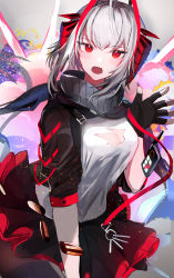 Rule 34 | 1girl, antenna hair, arknights, black gloves, black scarf, blouse, breasts, explosion, fingerless gloves, gloves, highres, horns, jacket, looking at viewer, medium breasts, open mouth, red eyes, scarf, shinonome nemu (nemulog sn), shirt, solo, sweat, sweatdrop, torn clothes, torn shirt, w (arknights), white hair