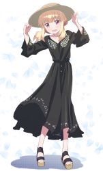 Rule 34 | 1girl, :d, black dress, blonde hair, blush, brown hat, collarbone, dress, full body, hat, highres, holding, holding clothes, holding hat, iijima yun, long dress, long hair, new game!, open mouth, platform footwear, polka dot, sandals, sidelocks, smile, solo, standing, straw hat, sun hat, white background