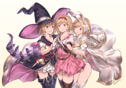 Rule 34 | 3girls, animal ears, bad id, bad pixiv id, blonde hair, blush, boots, breasts, brown eyes, collarbone, commentary request, djeeta (granblue fantasy), dress, elbow gloves, flower, gauntlets, gloves, granblue fantasy, hair flower, hair ornament, hairband, hat, highres, leotard, looking at viewer, medium breasts, milli little, multiple girls, open mouth, pink dress, puffy sleeves, rabbit ears, rabbit tail, short dress, short hair, short sleeves, signature, simple background, skirt, smile, tail, thigh boots, thighhighs, white gloves, white leotard, witch hat, wrist cuffs, zettai ryouiki