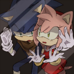 Rule 34 | 1boy, 1girl, against glass, amy rose, animal ears, animal nose, aqua eyes, bad id, bad pixiv id, bandaged arm, bandages, bandana, bare shoulders, black background, blue fur, blue hair, blush, body fur, breasts, brown neckwear, bukiko, clenched hand, cowboy shot, dark, dress, eye contact, furry, furry female, furry male, gloves, green eyes, half-closed eyes, hands up, leaning forward, light blush, looking at another, looking to the side, medium hair, open mouth, pink fur, pink hair, red dress, sidelocks, sideways mouth, simple background, sketch, sleeveless, sleeveless dress, small breasts, sonic (series), sonic boom (series), sonic the hedgehog, standing, tail, thighhighs, two-tone fur, white gloves, yellow fur