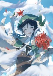 Rule 34 | 1boy, androgynous, ascot, beret, black hair, blue hair, blue sky, blurry, blurry foreground, bouquet, bow, braid, closed eyes, cloud, cloudy sky, corset, flock, flower, frilled sleeves, frills, genshin impact, gradient hair, green hat, hair between eyes, hair flower, hair ornament, hand up, hat, highres, holding, holding bouquet, holding flower, juliet sleeves, long sleeves, male focus, misaki (mskmmti), multicolored hair, open mouth, outdoors, puffy sleeves, red flower, shirt, short hair with long locks, sky, smile, solo, striped, striped bow, twin braids, upper body, venti (genshin impact), white ascot, white shirt
