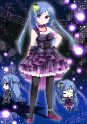 Rule 34 | 1girl, anklet, bad id, bad pixiv id, black pantyhose, blazer, blue hair, breasts, chibi, choker, closed eyes, dress, earrings, food, frills, frown, fruit, grapes, hair ornament, hand on own hip, high heels, highres, idol, jacket, jewelry, lights, long hair, medium breasts, multiple persona, music, musical note, necklace, open mouth, original, outstretched arms, pantyhose, plaid, plaid skirt, pleated skirt, purple eyes, ringo yuyu, school uniform, shoes, singing, skirt, spread arms, standing, strap slip, thighhighs, two side up, wrist cuffs