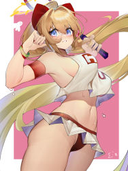 Rule 34 | 1girl, absurdres, armlet, bare shoulders, blonde hair, blue eyes, bow, breasts, cai bi, cameltoe, chinese commentary, cleft of venus, commentary request, copyright request, cowboy shot, grin, hair between eyes, hair bow, hair intakes, halo, hands up, highres, holding, holding racket, large breasts, long hair, looking at viewer, microskirt, midriff, navel, no bra, outside border, panties, ponytail, racket, red bow, red panties, shirt, sideboob, signature, simple background, skirt, sleeveless, sleeveless shirt, smile, solo, standing, stomach, sweat, tennis racket, underwear, very long hair, white shirt, white skirt, wristband