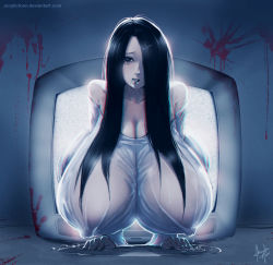 Rule 34 | 1girl, acrylictoon, bare shoulders, black hair, blood, breasts, cleavage, covered erect nipples, curvy, drooling, ghost, ghost girl, gigantic breasts, hair over one eye, hanging breasts, highres, huge breasts, light, long hair, looking at viewer, pale skin, saliva, shiny skin, skin tight, television, the ring, upper body, water, wet, yamamura sadako, you gonna get raped