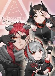 Rule 34 | 1boy, 2girls, :&lt;, \m/, absurdres, arknights, bare shoulders, black gloves, black hair, black jacket, black nails, brown eyes, closed mouth, commentary request, eyepatch, fingerless gloves, gloves, grey hair, grey sweater, highres, hoederer (arknights), horns, ines (arknights), jacket, landl, long hair, multiple girls, nail polish, open clothes, open jacket, pink background, red eyes, red hair, red nails, sleeveless, sleeveless jacket, sweater, turtleneck, turtleneck sweater, v-shaped eyebrows, very long hair, w (arknights)