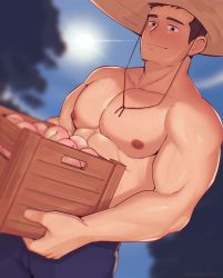 Rule 34 | 1boy, abs, bara, black pants, brown hair, closed mouth, day, food, fruit, hat, highres, holding, ibarakidoujin, large pectorals, male focus, muscular, muscular male, nipples, original, outdoors, pants, pectorals, short hair, sky, smile, solo, topless male, twitter username