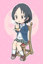 Rule 34 | black hair, blowing, blue cardigan, blush stickers, bow, brown eyes, brown footwear, cardigan, chair, checkered clothes, checkered skirt, child, commentary request, cup, green skirt, hair ornament, hairclip, heart, highres, idolmaster, idolmaster cinderella girls, long sleeves, miniskirt, pink background, pink bow, pleated skirt, polka dot, polka dot background, sasaki chie, saucer, shirt, shoes, short hair, sitting, skirt, socks, solo, teacup, white shirt, white socks, wing collar, yama tatsuo