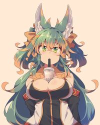 Rule 34 | 1girl, animal ear fluff, animal ears, beige background, between breasts, bow, breasts, brown hair, bubble tea, bubble tea challenge, cleavage, cup, detached sleeves, drinking straw, drinking straw in mouth, green eyes, green hair, hair between eyes, hair bow, kuromiya, kuromiya raika, large breasts, long hair, looking at viewer, multicolored hair, orange bow, original, simple background, solo, two-tone hair