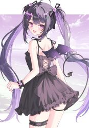 Rule 34 | 1girl, bare shoulders, black bow, black dress, black hair, black nails, blush, bow, colored inner hair, commentary request, commission, demon girl, demon tail, demon wings, dress, eye hair ornament, eyeball hair ornament, garter straps, hair ornament, hairclip, highres, idol corp, long hair, looking at viewer, looking back, multicolored hair, pink eyes, purple hair, roca rourin (vtuber), skeb commission, smile, solo, spaghetti strap, suineco, tail, twintails, wings