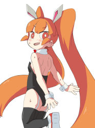 Rule 34 | 1girl, animal ears, bare back, bare shoulders, black suit, black thighhighs, blush, bow, bowtie, fake animal ears, fang, formal, ki (adotadot), leg up, leotard, long hair, looking at viewer, looking back, open mouth, orange hair, playboy bunny, rabbit ears, red bow, red bowtie, red eyes, red footwear, shoes, simple background, smile, solo, standing, suit, sweat, sweatdrop, thighhighs, twintails, ueno-san wa bukiyou, ueno (ueno-san wa bukiyou), very long hair, white background