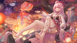 Rule 34 | 1girl, :d, absurdres, architecture, barefoot, breasts, cherry blossoms, chinese clothes, cleavage, east asian architecture, elf, elysia (herrscher of human:ego) (honkai impact), elysia (honkai impact), feet, fireworks, flower, full body, full moon, grin, hair flower, hair ornament, highres, honkai (series), honkai impact 3rd, lantern, legs, long hair, long sleeves, medium breasts, moon, night, night sky, open mouth, outdoors, petals, pink eyes, pink flower, pink hair, pointy ears, sky, smile, soles, solo, teeth, temple, thighs, toes, tree, very long hair, yelan xing xuan