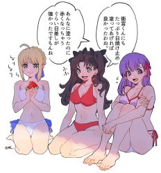 Rule 34 | 3girls, ahoge, artoria pendragon (all), artoria pendragon (fate), bikini, black ribbon, blue ribbon, braid, breasts, brown hair, collarbone, fate/stay night, fate (series), food, fruit, green eyes, hair ribbon, hal (haaaalhal), highres, holding, holding food, holding fruit, kneeling, knees up, large breasts, long hair, matou sakura, multiple girls, open mouth, purple eyes, purple hair, red bikini, red ribbon, ribbon, saber (fate), side-tie bikini bottom, signature, simple background, sitting, smile, speech bubble, swimsuit, tohsaka rin, translation request, watermelon, watermelon slice, white background, white bikini