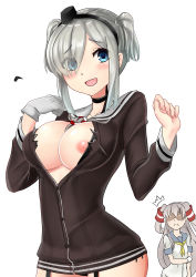 Rule 34 | 2girls, :d, alternate hairstyle, amatsukaze (kancolle), amatsukaze (kancolle) (cosplay), black panties, blue eyes, blush, breasts, brown dress, bursting breasts, choker, commentary request, cosplay, costume switch, dress, eyebrows, eyes visible through hair, garter straps, gloves, hair over one eye, hair tubes, hamakaze (kancolle), hamakaze (kancolle) (cosplay), hat, highres, kantai collection, large breasts, lifebuoy, long hair, long sleeves, looking at viewer, multiple girls, nipple slip, nipples, no bra, no eyes, open mouth, panties, popped button, sailor collar, sailor dress, school uniform, see-through, serafuku, shaded face, short dress, short hair, short sleeves, short twintails, side-tie panties, silver hair, simple background, sin (kami148), single glove, smile, swim ring, torn clothes, twintails, two side up, underwear, wardrobe malfunction, white background, white gloves