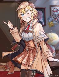 Rule 34 | 1girl, arm support, black thighhighs, blonde hair, blue eyes, brown coat, brown hat, brown skirt, case, coat, commentary, cowboy shot, deerstalker, graysheartart, grin, hair ornament, hand up, hat, high-waist skirt, highres, hololive, hololive english, index finger raised, indoors, leaning on table, light particles, long sleeves, looking at viewer, mori calliope, necktie, one eye closed, open clothes, open coat, open mouth, plaid, plaid skirt, poster (object), red necktie, shirt, short hair, short necktie, skirt, smile, solo, sunlight, thighhighs, virtual youtuber, wanted, watch, watson amelia, watson amelia (1st costume), white shirt