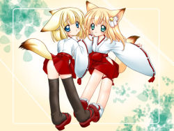 Rule 34 | 2girls, animal ears, blonde hair, fox ears, japanese clothes, koyuki (snow fox), multiple girls, nakajima konta, sayuki (snow fox), snow fox, tail, thighhighs