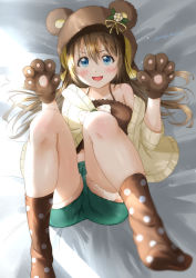 Rule 34 | 1girl, amamiya draw, animal ears, animal hands, animal hood, aqua eyes, artist name, artist request, bare legs, bare shoulders, bear ears, bed, blue eyes, blush, bow, breasts, brown bow, brown dress, brown hair, brown jacket, brown legwear, brown sweater, clothing cutout, collarbone, dress, exciting animal (love live!), female focus, flower, frilled dress, frills, fur-trimmed pants, fur-trimmed shorts, fur trim, gloves, green pants, green shorts, hair between eyes, highres, hood, hooded jacket, hooded sweater, jacket, knees up, legs up, light brown jacket, light brown sweater, long hair, long sleeves, looking at viewer, love live!, love live! nijigasaki high school idol club, love live! school idol festival, love live! school idol festival all stars, on bed, osaka shizuku, pants, parted lips, paw gloves, polka dot, polka dot bow, polka dot legwear, ponytail, ribbon, short pants, short shorts, short sleeves, shorts, shoulder cutout, small breasts, smile, solo, sweater, v-shaped eyebrows, white bow, white flower, yellow ribbon