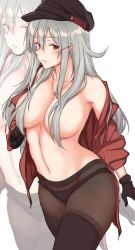 Rule 34 | 1girl, bare shoulders, black panties, black pantyhose, blue eyes, breasts, collarbone, cowboy shot, facial scar, gangut (kancolle), gloves, grey hair, groin, hair between eyes, hair ornament, hair over breasts, hairclip, hat, highres, jewelry, kantai collection, lace, lace-trimmed legwear, lace-trimmed panties, lace trim, large breasts, long hair, long sleeves, navel, necklace, off shoulder, osterei, panties, pantyhose, peaked cap, red shirt, remodel (kantai collection), scar, scar on cheek, scar on face, shirt, short sleeves, skindentation, stomach, thighhighs, thighhighs under pantyhose, underwear, uniform