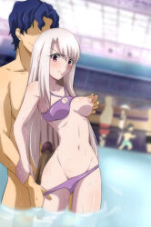 Rule 34 | 1boy, 1girl, absurdres, ass, blue hair, breasts, censored, fate/stay night, fate (series), grabbing, highres, illyasviel von einzbern, large breasts, large penis, long hair, matou shinji, medium breasts, pc pc (naruse1), penis, red eyes, short hair, smile, swimsuit, white hair