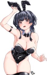 Rule 34 | 1girl, absurdres, alternate costume, animal ears, arm strap, arm up, armpits, black bow, black bowtie, black hair, black leotard, blush, bow, bowtie, breasts, cleavage, collarbone, detached collar, endo yohane, fake animal ears, fake tail, groin, highres, idolmaster, idolmaster shiny colors, large breasts, leotard, looking at viewer, mayuzumi fuyuko, playboy bunny, rabbit ears, rabbit tail, signature, simple background, skindentation, solo, strapless, strapless leotard, tail, thigh gap, white background