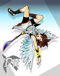 Rule 34 | 1boy, :d, angel, angel wings, arm up, blue eyes, bow (weapon), bracelet, bracer, brown hair, collarbone, from above, holding, holding weapon, jewelry, kid icarus, looking at viewer, lying, magic, male focus, nintendo, on back, open mouth, pit (kid icarus), sazame, shorts, smile, solo, tunic, weapon, wings