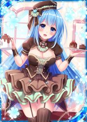 Rule 34 | 1girl, :d, blue eyes, blue hair, blue heart, breasts, brown dress, brown ribbon, cake, collaboration, dress, falkyrie no monshou, flower, food, frilled skirt, frills, hat, heart, holding, holding plate, holding teapot, indoors, looking at viewer, medium breasts, official art, open mouth, plate, ribbed hat, ribbon, shinkai no valkyrie, skirt, smile, stardrop, striped clothes, striped thighhighs, teapot, thighhighs, valentine, vertical-striped clothes, vertical-striped thighhighs, window