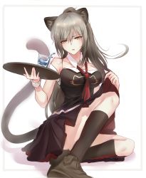 Rule 34 | 1girl, alternate costume, animal ears, arknights, black dress, breasts, cat ears, cat tail, commentary request, cup, detached collar, dress, drinking glass, grey footwear, grey hair, highres, holding, holding tray, kneehighs, large breasts, long hair, looking at viewer, parted lips, schwarz (arknights), shoes, short dress, simple background, sitting, socks, solo, star (stars027), strapless, strapless dress, tail, tray, very long hair, white background, wrist cuffs, yellow eyes