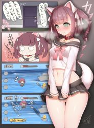 Rule 34 | &gt;:&lt;, 1girl, 4koma, :&lt;, @ @, animal ears, azur lane, blunt bangs, blush, bow, bowtie, breath, brown hair, choker, comic, commentary request, dog ears, dog tail, door, doyouwantto, embarrassed, gameplay mechanics, hair ribbon, legs together, long sleeves, microskirt, navel, nose blush, o o, off shoulder, pleated skirt, pussy juice, ribbon, sailor collar, school uniform, serafuku, shiratsuyu (azur lane), signature, single bare shoulder, skirt, standing, stomach, tail, to be continued, translation request, two side up, v-shaped eyebrows