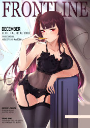 Rule 34 | 1girl, absurdres, babydoll, bare shoulders, black babydoll, black bra, black panties, black thighhighs, blush, bra, breasts, bullet, character name, cleavage, collarbone, copyright name, cover, cover page, english text, garter belt, girls&#039; frontline, hair ribbon, highres, holding, holding bullet, long hair, looking at viewer, magazine cover, medium breasts, one side up, panties, purple hair, red eyes, ribbon, see-through, solo, stigmamyu, thighhighs, underwear, underwear only, wa2000 (girls&#039; frontline), weapon case