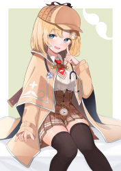 Rule 34 | 1girl, :d, black thighhighs, blonde hair, blue eyes, blush, breasts, brown hat, brown skirt, collared shirt, commentary request, deerstalker, feet out of frame, finger to cheek, hair ornament, hand up, hat, highres, hololive, hololive english, index finger raised, jacket, long sleeves, looking at viewer, medium breasts, miniskirt, mustache print, necktie, open clothes, open jacket, open mouth, plaid, plaid skirt, pleated skirt, pocket watch, red necktie, shirt, short hair, short necktie, sitting, skirt, smile, solo, thighhighs, virtual youtuber, watch, watson amelia, watson amelia (1st costume), white shirt, yudetama, zettai ryouiki