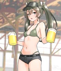 1girl alcohol alternate_costume beer beer_mug bikini black_hat black_shorts breasts commentary_request cowboy_shot cup furaggu_(frag_0416) green_bikini green_eyes grey_hair hat highres kantai_collection long_hair mug navel short_shorts shorts small_breasts solo swimsuit twintails visor_cap zuikaku_(kancolle)