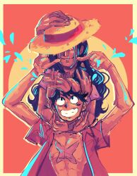 Rule 34 | 1boy, 1girl, absurdres, black hair, commentary, crying, english commentary, extra arms, hana hana no mi, hand on headwear, hat, hat over eyes, highres, hug, long hair, looking at another, monkey d. luffy, nico robin, one piece, open clothes, open shirt, orange background, petals, red shirt, scar, scar on chest, shirt, short hair, simple background, smile, straw hat, wigglesthetuff