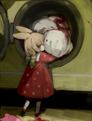 Rule 34 | 1girl, blood, bow, braid, child, dress, female focus, from behind, green bow, highres, horror (theme), hugging object, looking back, original, polka dot, polka dot dress, rabbit ears, red dress, red eyes, sack, shirokujira, solo, standing, stuffed toy, twin braids, washing machine