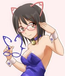 Rule 34 | 1girl, animal ears, bare shoulders, bell, black hair, blue-framed eyewear, blue choker, blue leotard, blush, breasts, brown eyes, cat ears, choker, cleavage, closed mouth, collarbone, fake animal ears, hands up, holding, holding removed eyewear, idolmaster, idolmaster cinderella girls, idolmaster cinderella girls starlight stage, jingle bell, kamijo haruna, leotard, looking at viewer, medium breasts, neck bell, pink-framed eyewear, pink background, short hair, simple background, smile, solo, strapless, strapless leotard, takahashi takeshi, unworn eyewear, upper body, white wrist cuffs, wrist cuffs