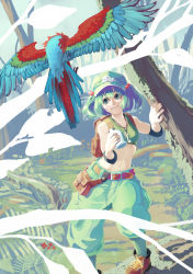 Rule 34 | 1girl, alternate costume, aqua hair, arm warmers, backpack, bag, belt, bird, boots, canteen, crop top, cross-laced footwear, elbow pads, forest, hair bobbles, hair ornament, hat, highres, kawashiro nitori, key, lace-up boots, looking up, midriff, nature, navel, pants, parrot, pouch, satsuki (satsuki1987), smile, touhou, twintails, two side up