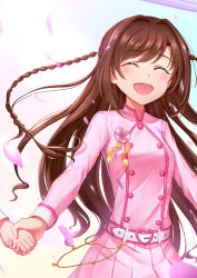 Rule 34 | 1girl, ^ ^, belt, blush, braid, breasts, brown hair, buttons, chain, cherry blossoms, closed eyes, commentary request, double-breasted, facing viewer, falling petals, floating hair, hair intakes, highres, holding hands, idolmaster, idolmaster cinderella girls, jacket, jirofly, kira! mankai smile, long hair, long sleeves, medium skirt, open mouth, out of frame, petals, pink jacket, pleated skirt, ribbon, shimamura uzuki, sidelocks, skirt, small breasts, smile, solo focus, stage, standing, swept bangs, tears, twin braids, very long hair, white belt, white skirt, wind, yellow ribbon