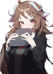 Rule 34 | 1girl, absurdres, ahoge, alternate costume, animal ears, arknights, beudelb, black jacket, blush, book, brown hair, covering own mouth, eyjafjalla (arknights), highres, holding, holding book, horns, jacket, long hair, long sleeves, looking at viewer, necktie, open clothes, open jacket, purple eyes, red necktie, school uniform, sheep ears, sheep girl, sheep horns, simple background, solo, upper body, white background