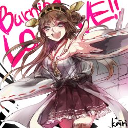 Rule 34 | 10s, 1girl, ahoge, bare shoulders, blue eyes, brown hair, burning love (phrase), cannon, detached sleeves, english text, headgear, kairi (kai ri), kantai collection, kongou (kancolle), long hair, looking at viewer, machinery, nontraditional miko, open mouth, pleated skirt, skirt, solo, thighhighs, twitter username, zettai ryouiki