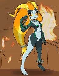 Rule 34 | 1girl, artist request, blonde hair, breasts, colored sclera, colored skin, fire, glowing markings, highres, long hair, midna, multicolored skin, navel, nintendo, nipples, pointy ears, pussy, red eyes, smile, solo, the legend of zelda, the legend of zelda: twilight princess, two-tone skin, very long hair, yellow sclera