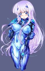 Rule 34 | 1girl, blush, bodysuit, breasts, cameltoe, covered erect nipples, covered navel, fortified suit, groin, hair ornament, highres, impossible clothes, inia sestina, large breasts, light purple hair, light trail, lips, long hair, muv-luv, muv-luv alternative, muv-luv total eclipse, niko (tama), nipples, pilot suit, resolution mismatch, see-through, skin tight, solo, source smaller