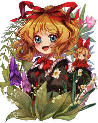 Rule 34 | 2girls, absurdres, black shirt, blonde hair, blue eyes, blush, flower, hair ribbon, highres, lily of the valley, looking at viewer, matsukuzu, medicine melancholy, multiple girls, open mouth, purple flower, red ribbon, ribbon, shirt, short hair, short sleeves, simple background, smile, su-san, touhou, white background, white flower