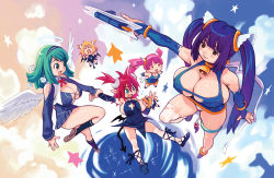Rule 34 | 5girls, angel wings, bare shoulders, bat wings, bell, breast slip, breast sucking, breasts, cleavage, cloud, covered erect nipples, cowbell, cross, demon girl, demon tail, detached sleeves, flower, flying, gun, halo, highres, horns, huge breasts, large breasts, long hair, mugen no fantasia, multiple girls, one breast out, pointy ears, ryoji (nomura ryouji), star (symbol), tail, thighhighs, twintails, weapon, wings