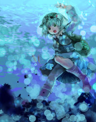 Rule 34 | 1girl, aqua hair, backpack, bag, blue skirt, boots, cis (carcharias), female focus, full body, green eyes, hair bobbles, hair ornament, hat, kawashiro nitori, key, long sleeves, looking at viewer, open mouth, skirt, solo, touhou, twintails, two side up, underwater