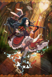 Rule 34 | 1girl, alice: madness returns, alice (alice in wonderland), alice in wonderland, alice liddell (american mcgee&#039;s alice), american mcgee&#039;s alice, american mcgee's alice, animal ears, black hair, boots, card, dress, fake animal ears, hat, heart, high heel boots, high heels, highres, holding, holding knife, knife, leaf, long hair, looking at viewer, playing card, rabbit ears, solo, striped clothes, striped thighhighs, teddy yang, thighhighs, xiaji